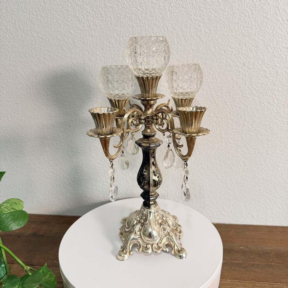 Silver Toned Candelabra  Base And Crystal Details Victorian Decor