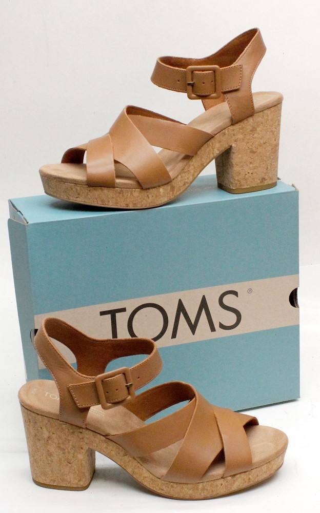 NEW TOMS Ava Brown Leather Sandals Block Heel & Platform Women's Size 12