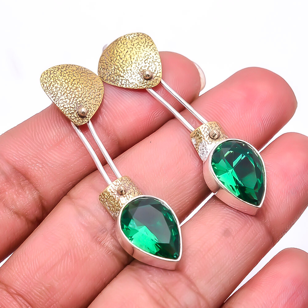 Simulated Emerald 925 Sterling Silver Two-Tone Dangle Earrings 1.76 Inch