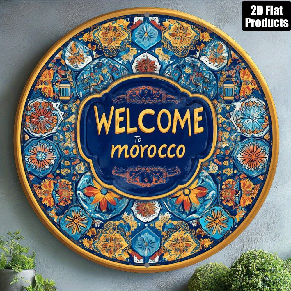 Moroccan Welcome Sign Blue Golden Accents Aluminum Wall Art 8x8