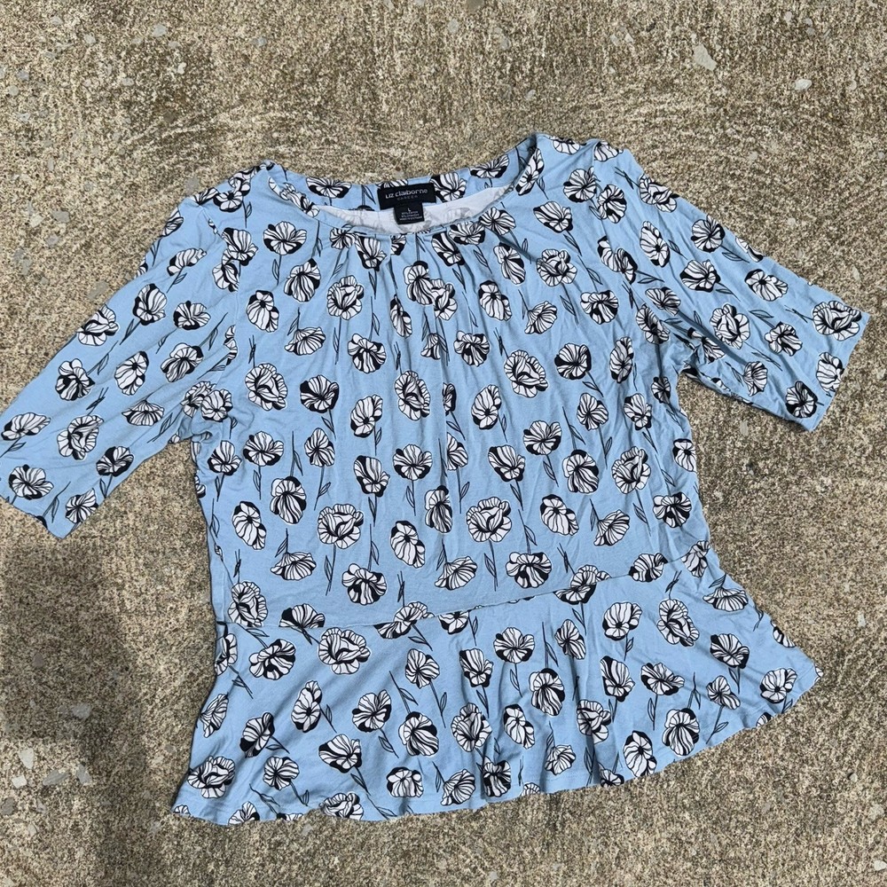 Liz Claiborne Women's Large Floral Blue Pullover Round Neck 3/4 Sleeve Blouse