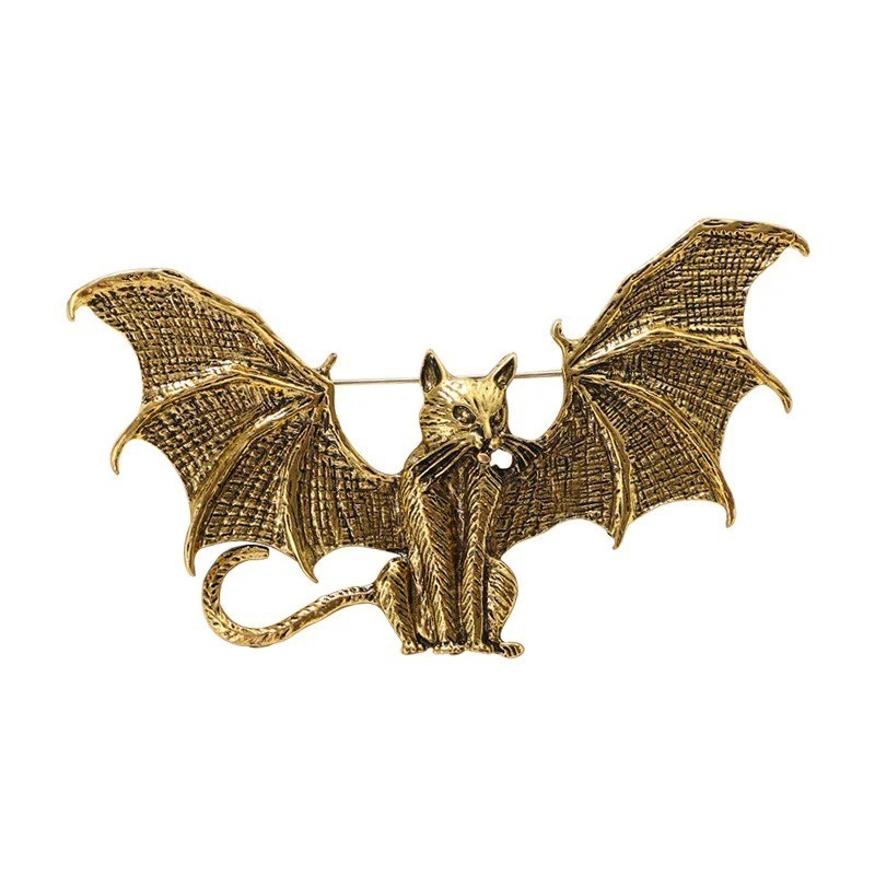 Vintage Cat Brooch with Wings Bat Style Pin Funny Animal Jewelry