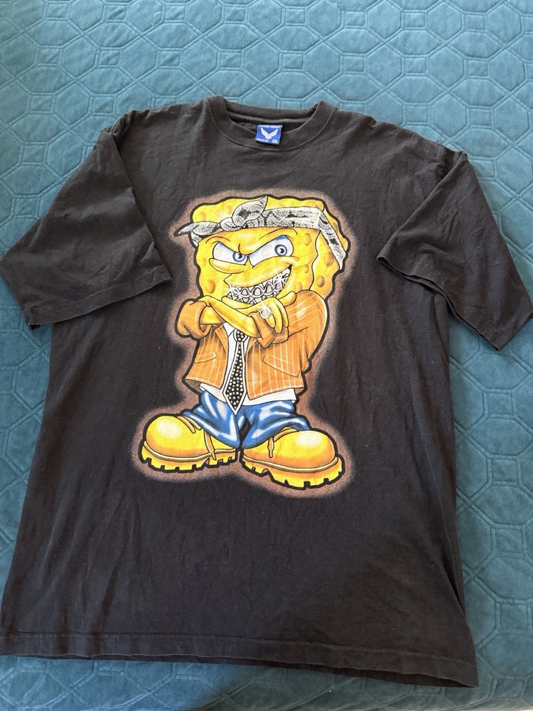 Vintage 2K Metal Jeans Hood SpongeBob T-Shirt Men’s XL Black Short Sleeved 90s