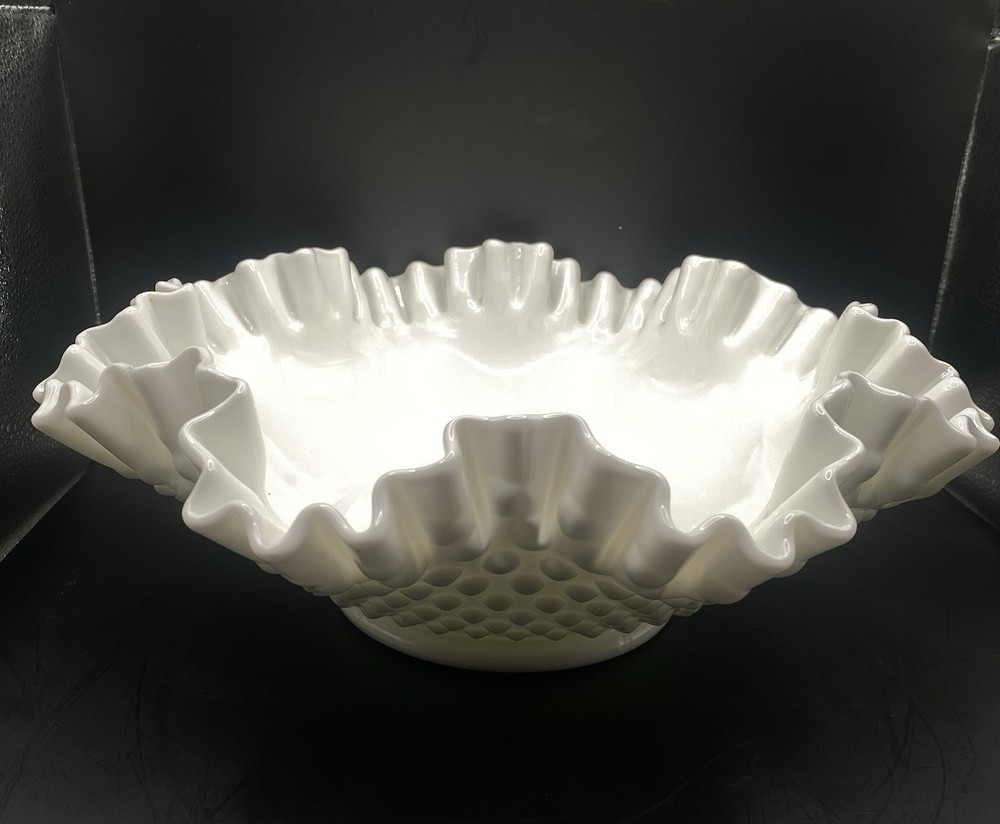 Vintage Fenton Milk Glass Hobnail Ruffled Edge Large Bowl 11.5” wide