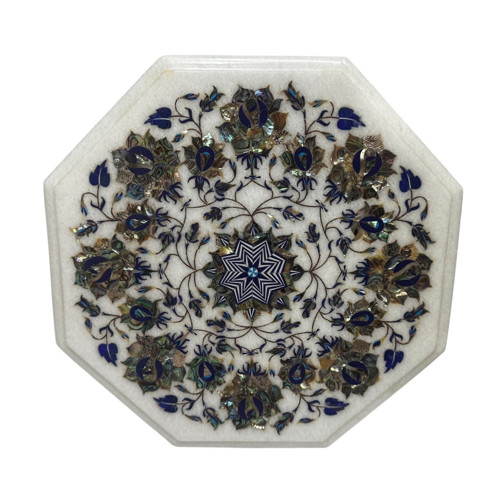 Floral White Marble Coffee Tabletop Lapis Abalone Shell Inlaid Stone Home Decor