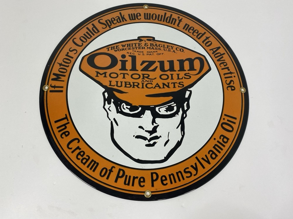 Oilzum Motor Oils Lubricants Metal Pump Sign White & Bagley Vintage Advertising