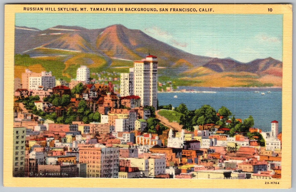 Vtg Linen Postcard Russian Hill Skyline MT San Francisco, CA 1940s