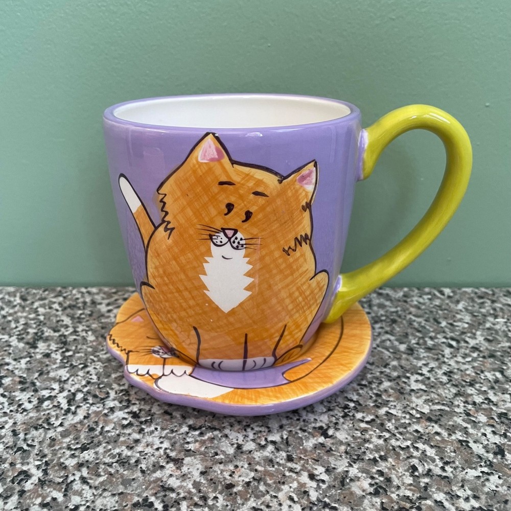 Clay Art Large Ceramic Cat Mug & Coaster Purple Orange Green Coffee Tea