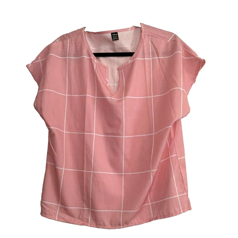 SHEIN Women’s Pink/White Plaid Keyhole Neck Cap Sleeve Woven Blouse XL