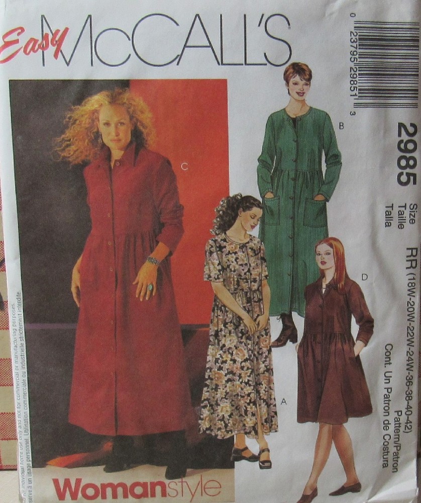 McCalls 2985 Woman-Style 18W-24W Loose Fitting Button Front DRESS Pattern UNCUT