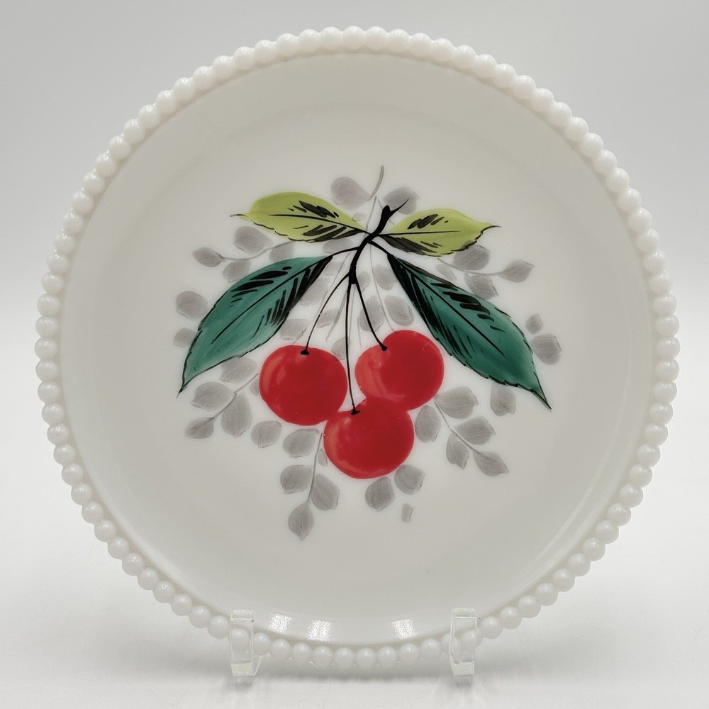 Westmoreland Milk Glass Painted Bead Edge Dessert Plate Cherries 7 1/4” Vintage