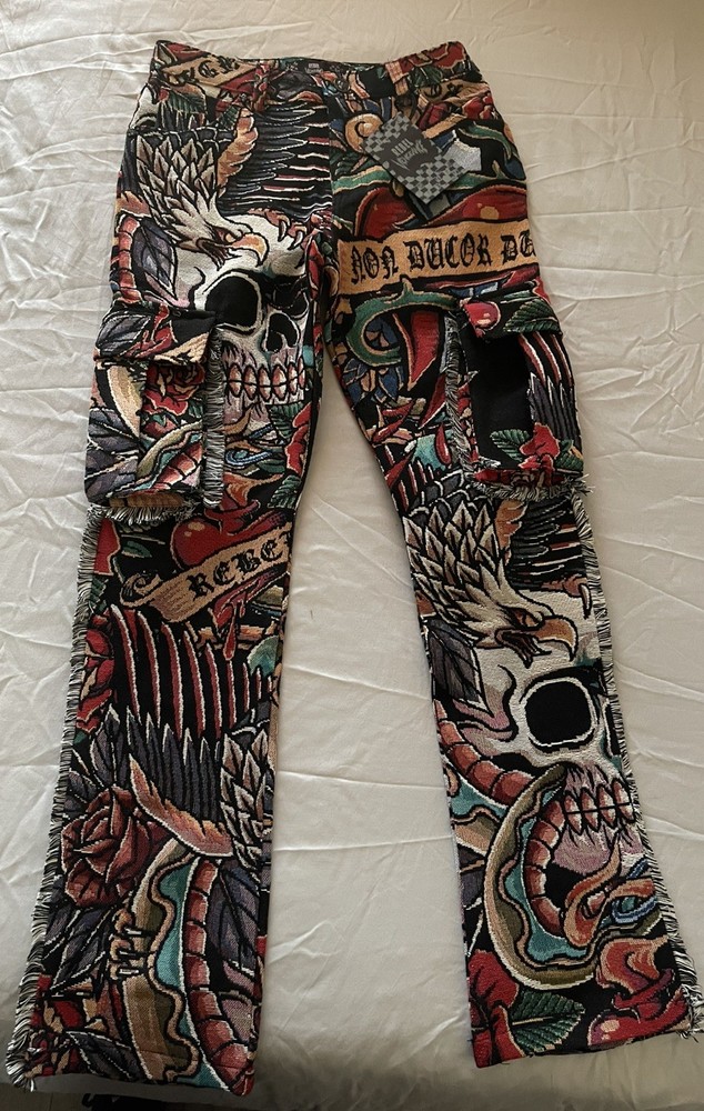 NWT Rebel Vengeance Skull Thick Tapestry Cargo Red Black Pants Men Size 30x32