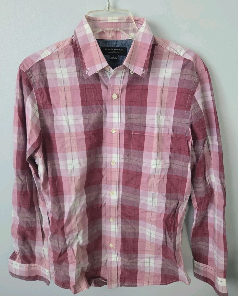 Banana Republic Soft Wash Slim Fit Button Up Shirt Mens Small Pink Plaid Long...