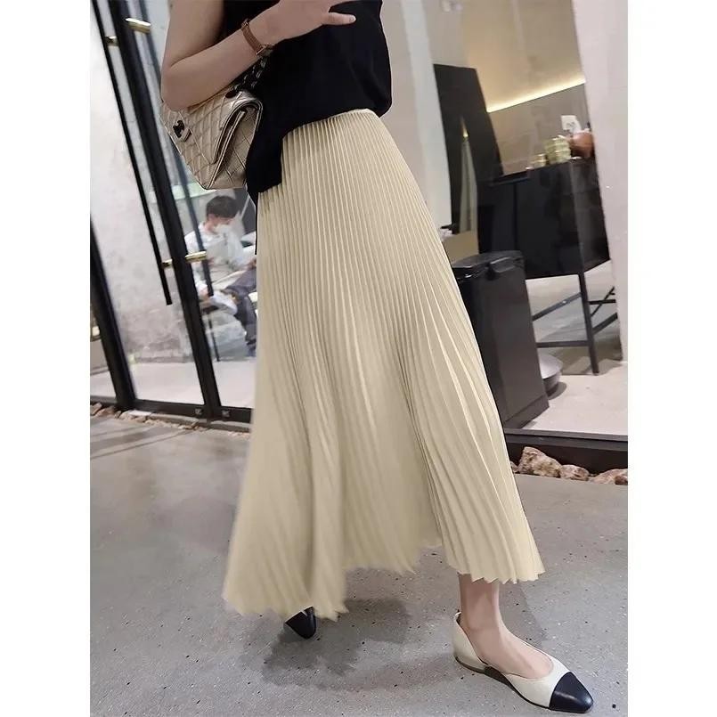 Lady Satin Pleated Skirt Unlined Elastic High Waist Midi Half Dress Elegant Chic