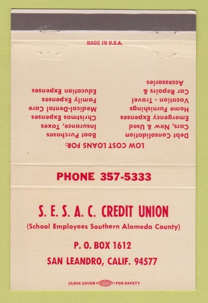 Matchbook Cover - School Employees Credit Union Alameda San Leandro CA 40 Strike