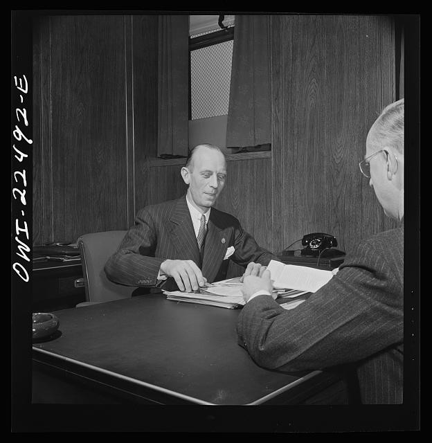 1940s Office Meeting Men in Suits Desk Telephone Black and White Photo