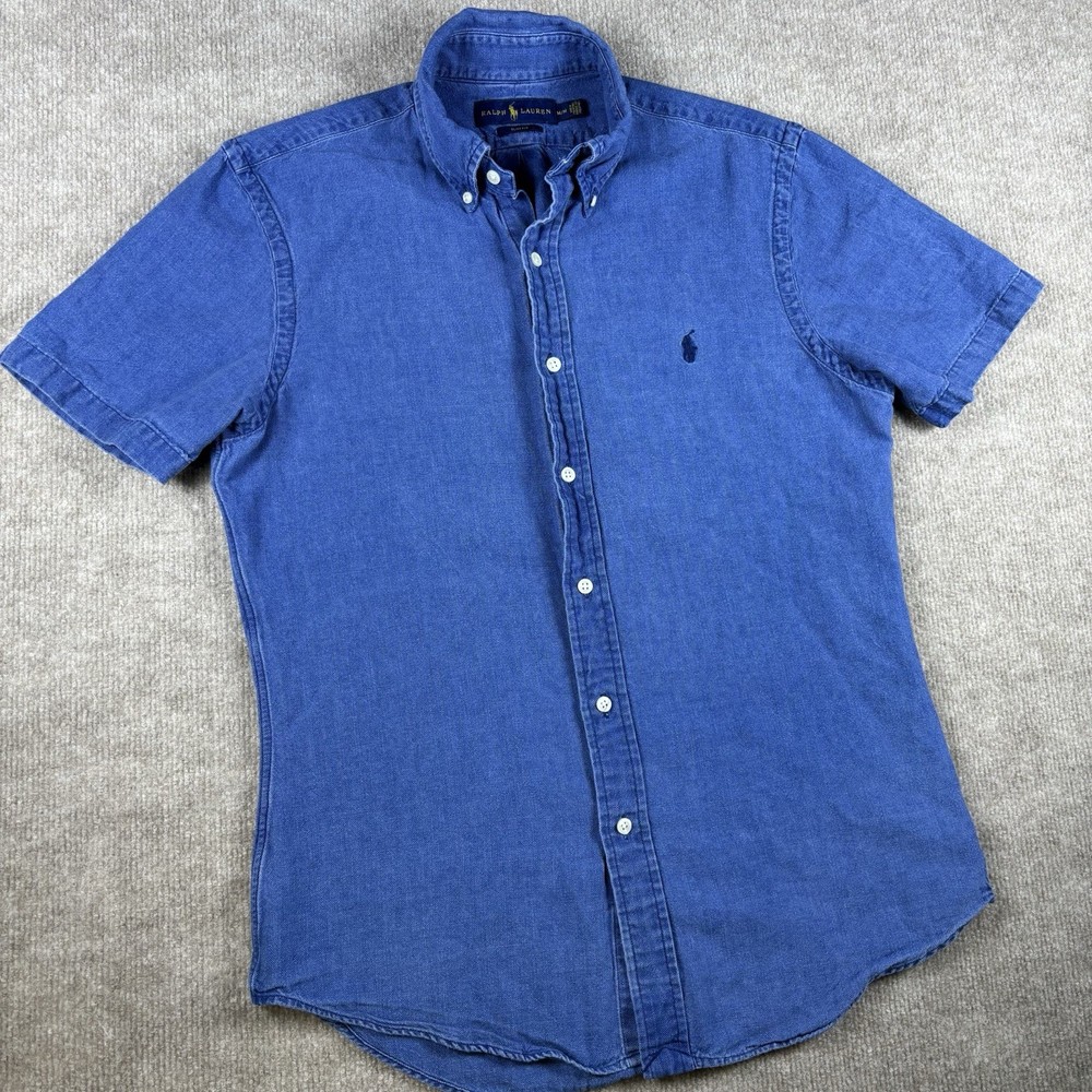 Ralph Lauren Shirt Mens M Blue Short Sleeve Button Down Slim Fit Pony Logo