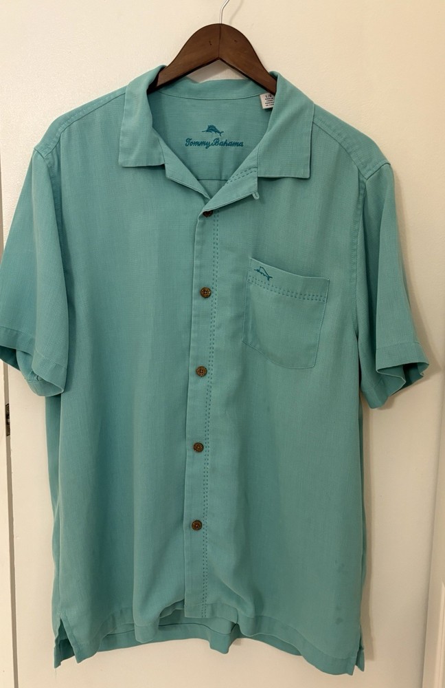 Tommy Bahama Island Zone Button Down Shirt Mens Size:Large Green Silk Blend