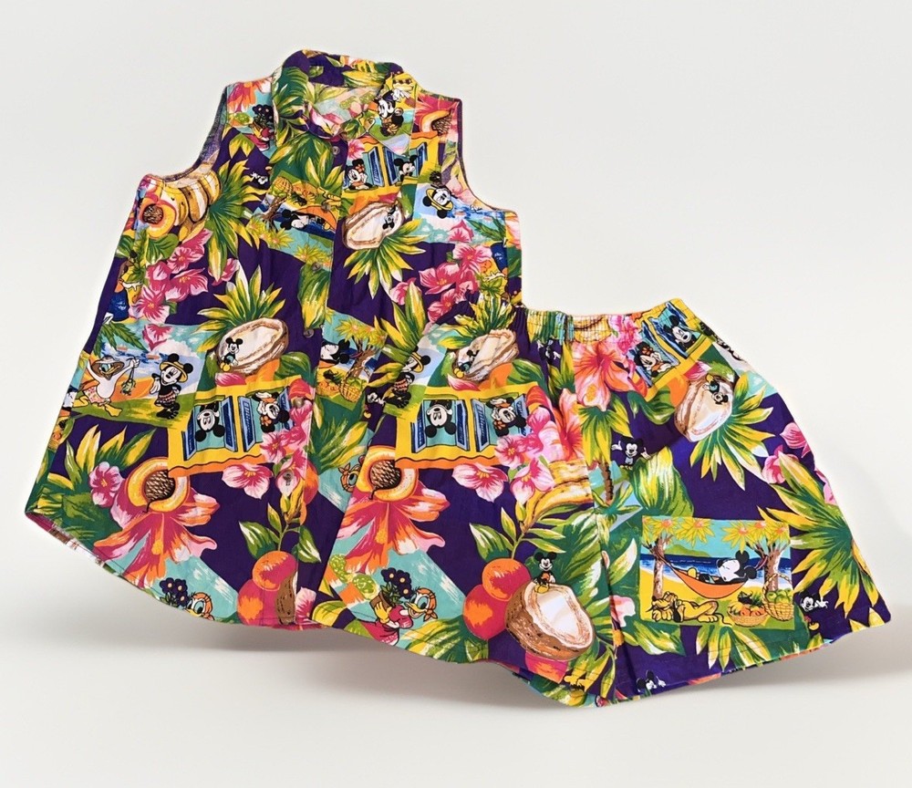 VTG 90s Disney Mickey Unlimited Jerry Leigh Hawaiian Top & Shorts Set Vacation