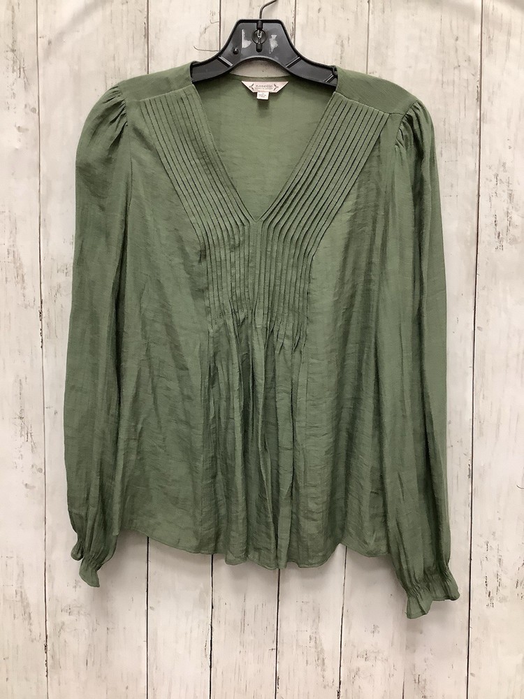 Nanette Lepore Women's Sage Green Pintuck V-Neck Pleated Long Sleeve Blouse