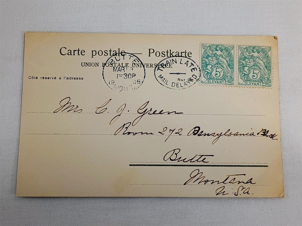 Vintage Postcard 1906 Train Late Mail Delayed Cancel Constantinople