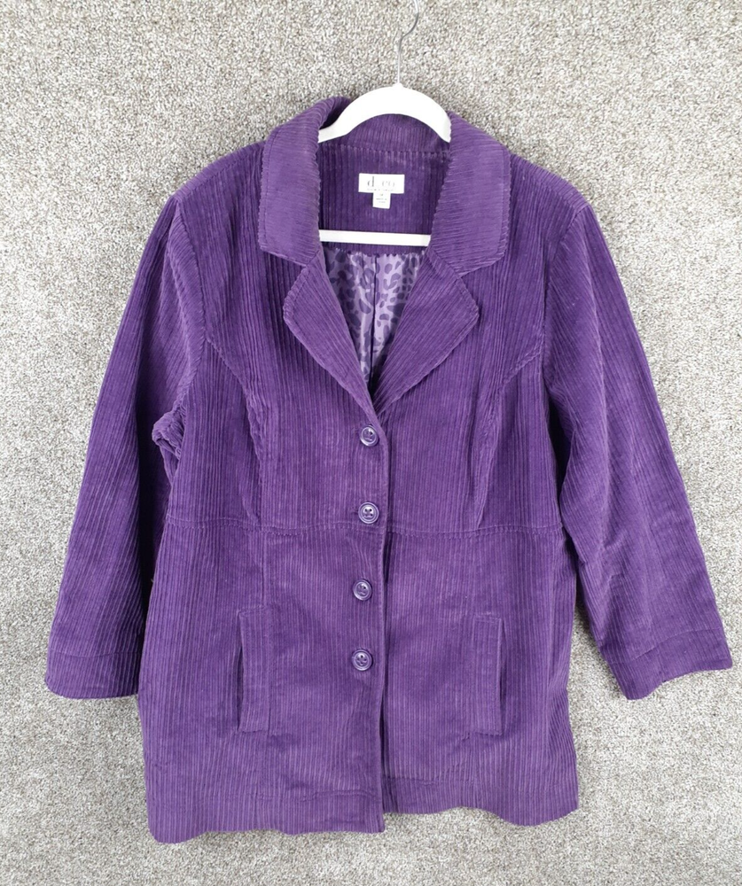 D&Co Corduroy Peacoat Jacket Womens 1X Plus Pockets Purple Button Front Casual