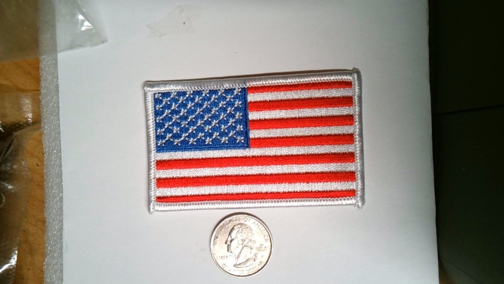 NOVELTY PATCH SEW ON RED WHITE AND BLUE AMERICAN FLAG FORWARD FACING WHITE TRIM