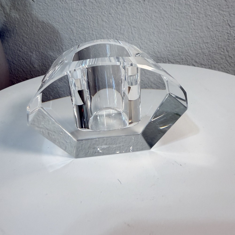 Oleg Cassini Crystal Boat Votive Candle Holder Signed Geometric Prizm