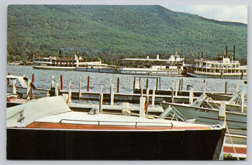 Lake George NY Steamboat Dock Cruise Boats Ticonderoga Plastichrome Postcard