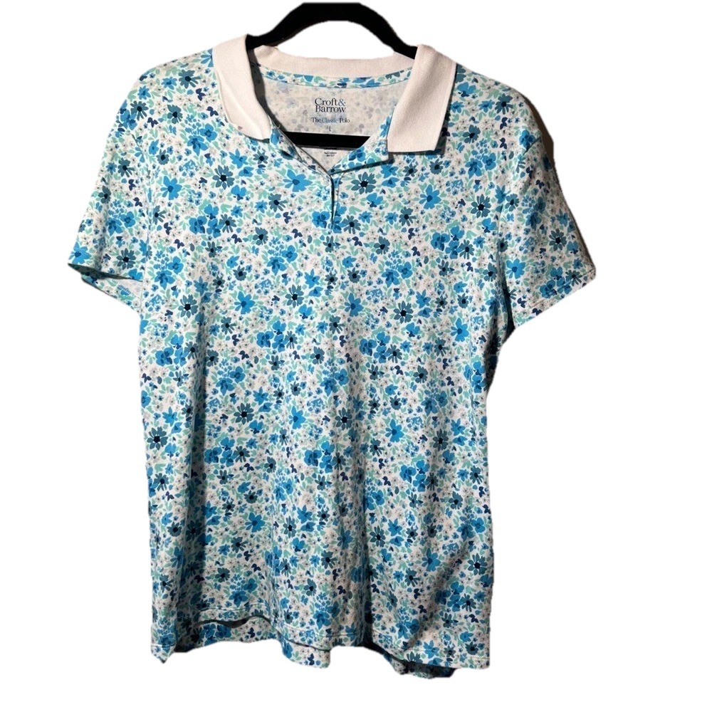 Croft & Barrow The Classic Polo women L floral short sleeve collared cotton EUC
