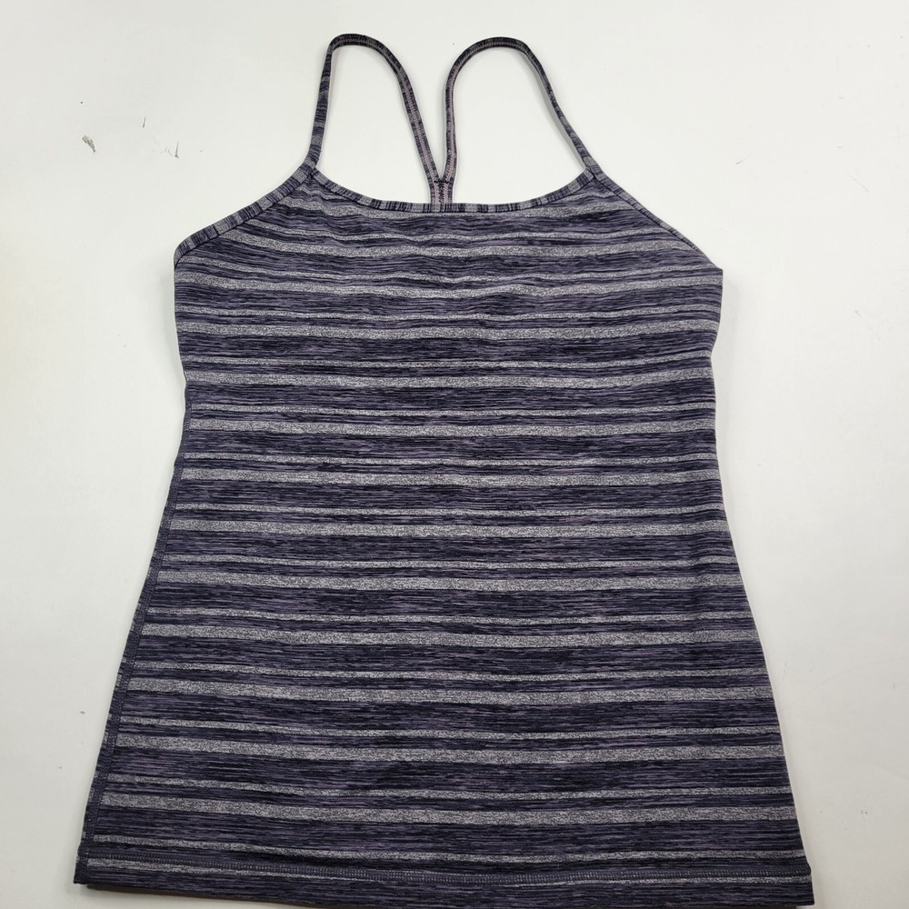 Lululemon Women's Size 4 Power Y Black Gray Stripe Racerback Shelf Bra Tank Top