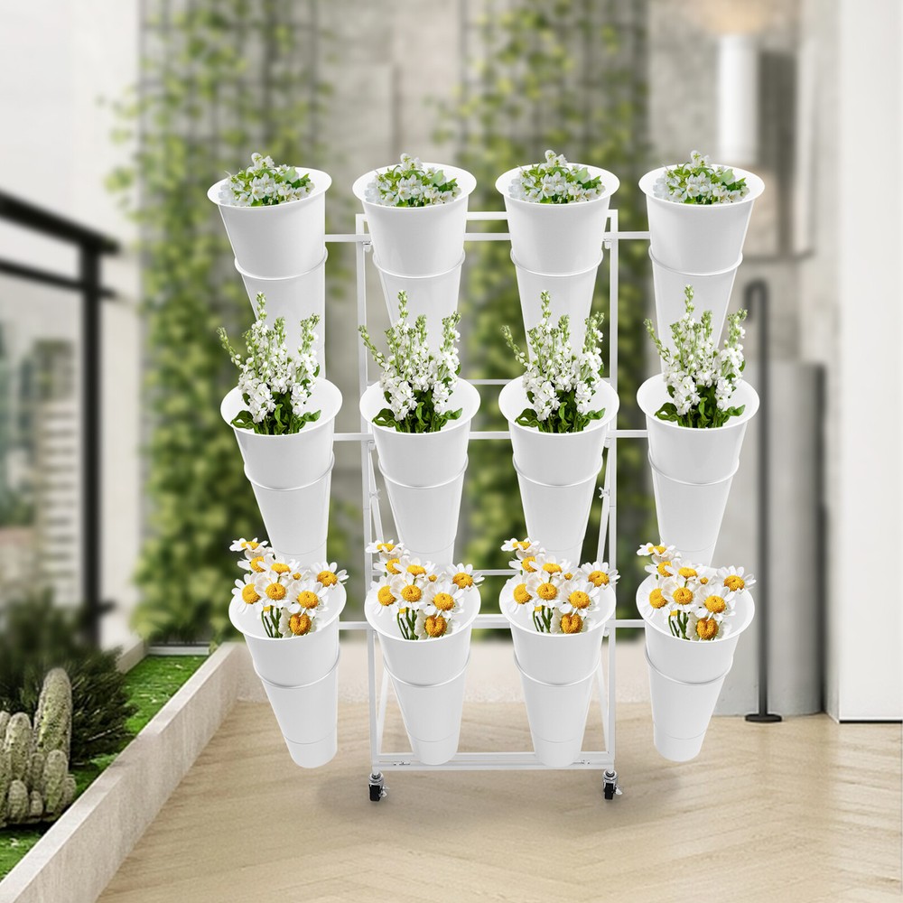 3 Tier Plants Holder With Wheels Mental Flower Display Stand + 12 Pcs Buckets