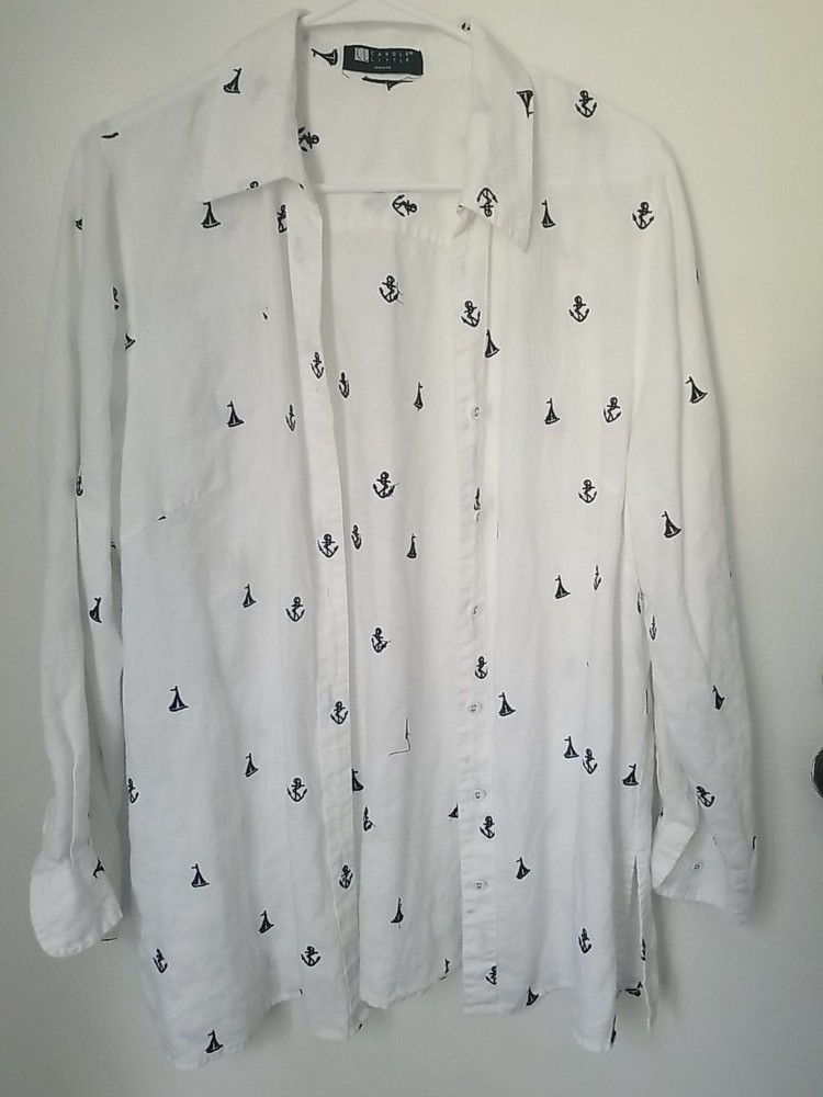 Carole Little Top Shirt Linen Buttons Women's White Anchors size 1X 2X