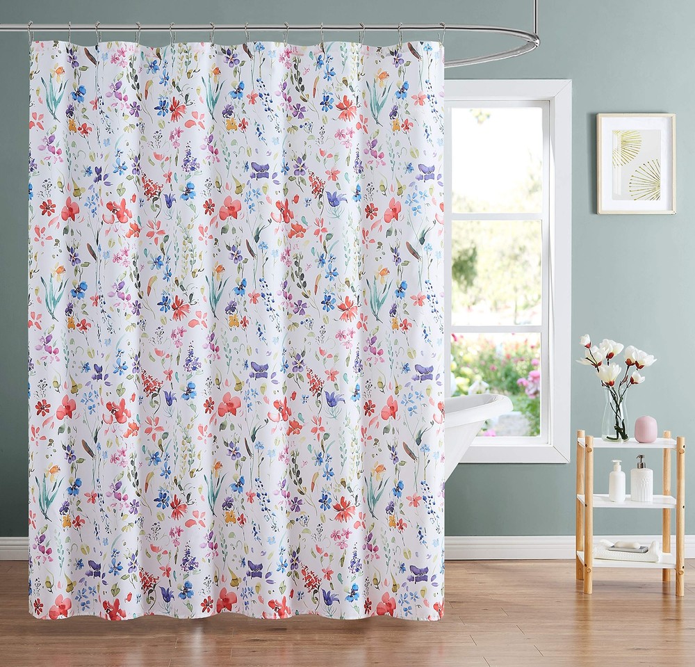 White Watercolor Floral Fabric Shower Curtains Spring Multi Botanical Design