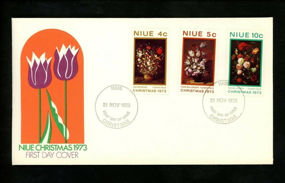 Postal History Niue FDC #160-162 Religion Christmas flowers art paintings 1973