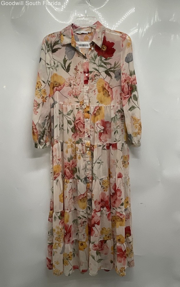 Zara Womens Multicolor Floral Long Sleeve Collared Button-Front Shirt Dress XS