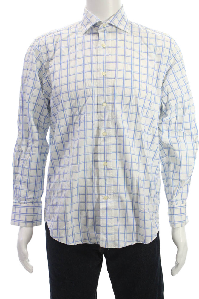 Etro Mens Point Collar Check Dress Shirt White Cotton Long Sleeve Size 39Free Shipping in US $100+ Orders | $6.95 Orders Below