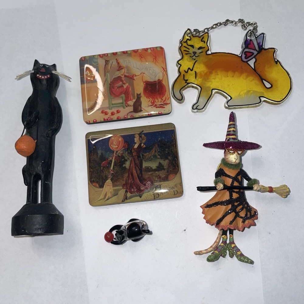 Vintage Halloween Decoration Lot - Magnets Black Glass Cats Witchy Mama And More