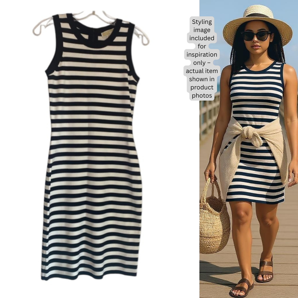 MICHAEL KORS Black And White Knit Striped Midi Dress Size S Sleeveless NWT $165