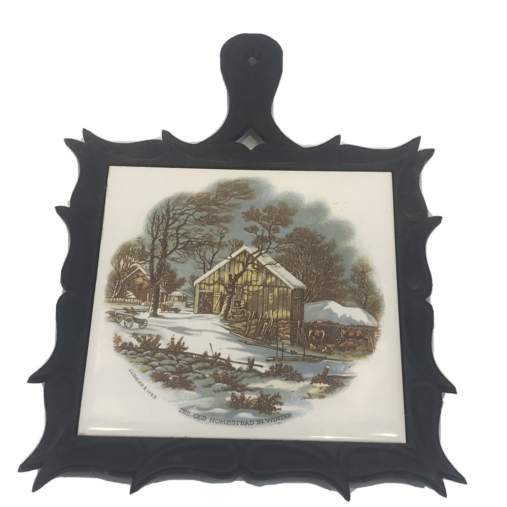 Currier And Ives VTG Old Homestead in Winter Ceramic Tile Cast Metal Trivet