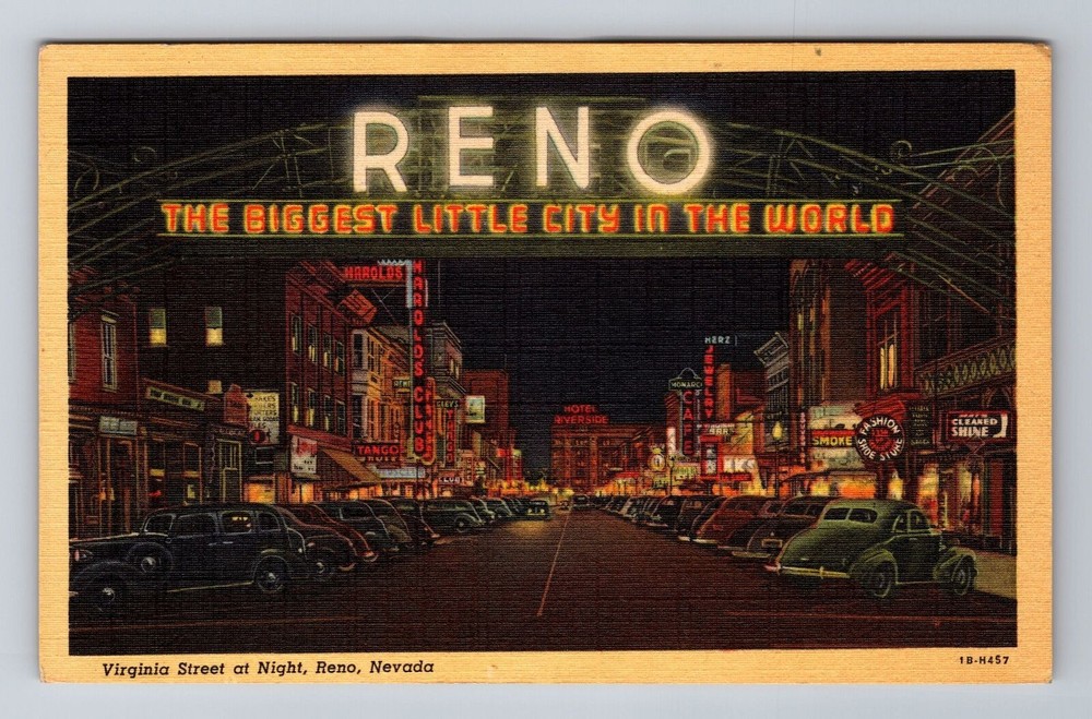 Reno NV-Nevada, Virginia Street at Night, Reno Arch, Vintage Souvenir Postcard