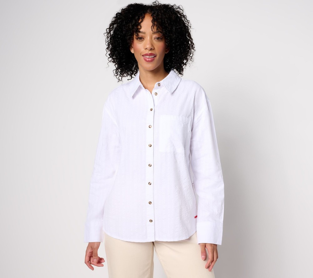 Spartina 449 Women's Top Sz M Graphic Back Seersucker Button-Front White A683591