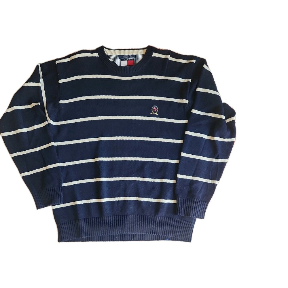 Vintage Tommy Hilfiger 90's Striped Sweater Pullover Blue Cotton Men Size: Large