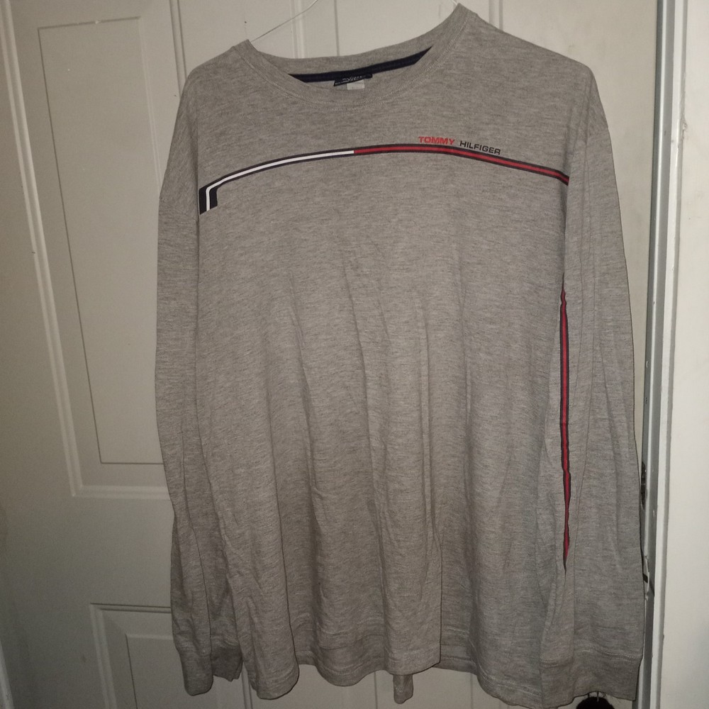 Tommy Hilfiger men's gray long sleeve simple red/blue lines w/logo t-shirt sz. L