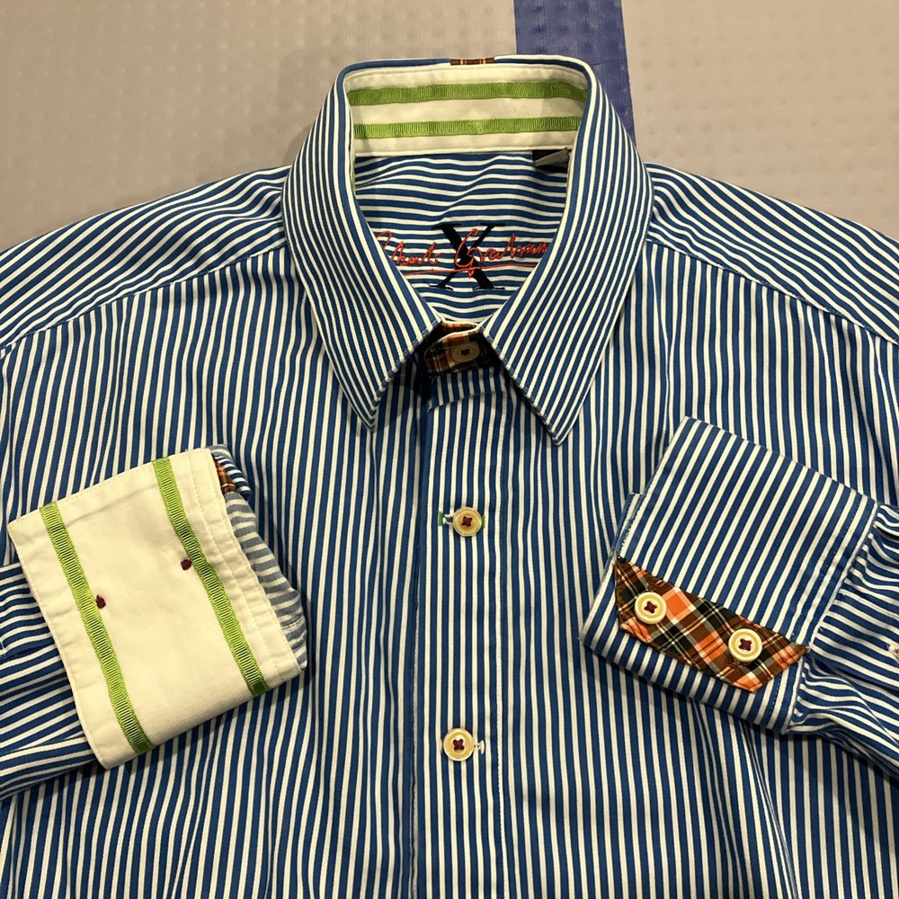 Robert Graham X Shirt Mens M Blue White Stripe Flip Cuff Button Up Plaid Accents