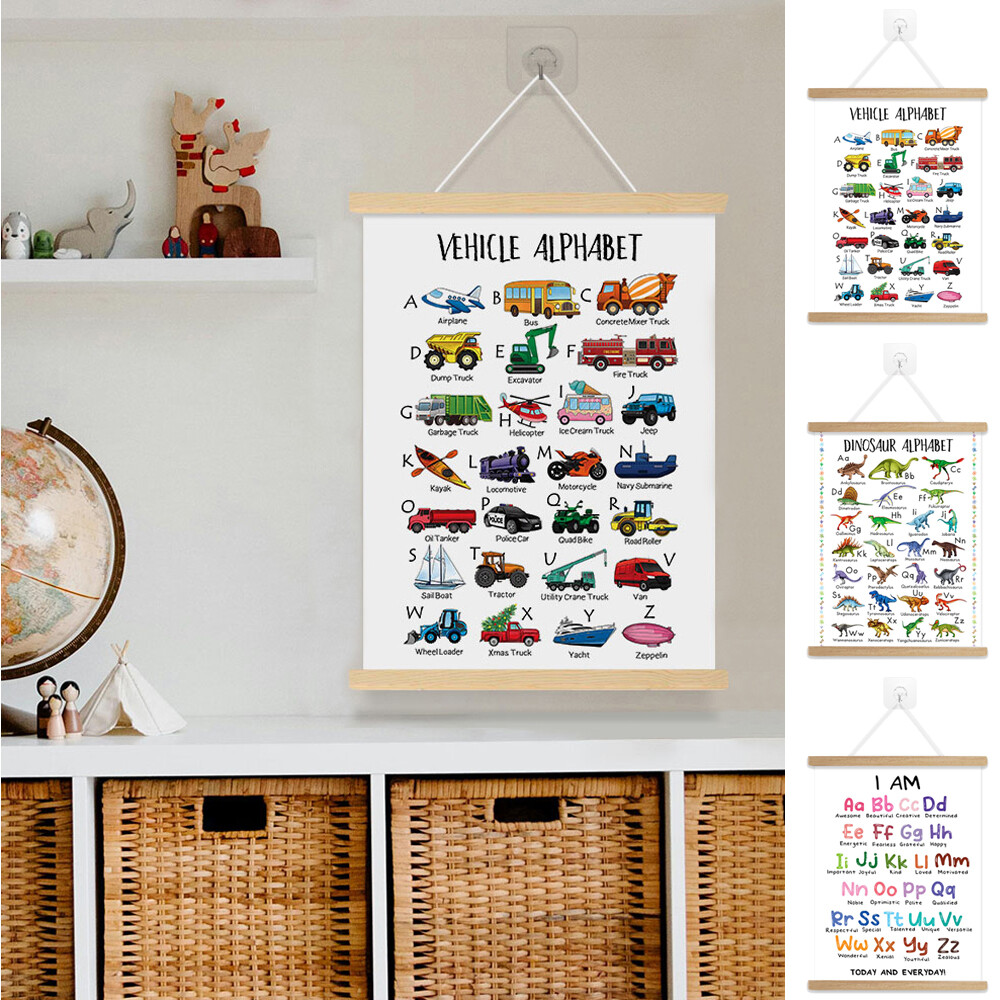ABC Alphabet Poster Hanger with Wood Frame Wall Art Hanging Scroll Canvas Poster