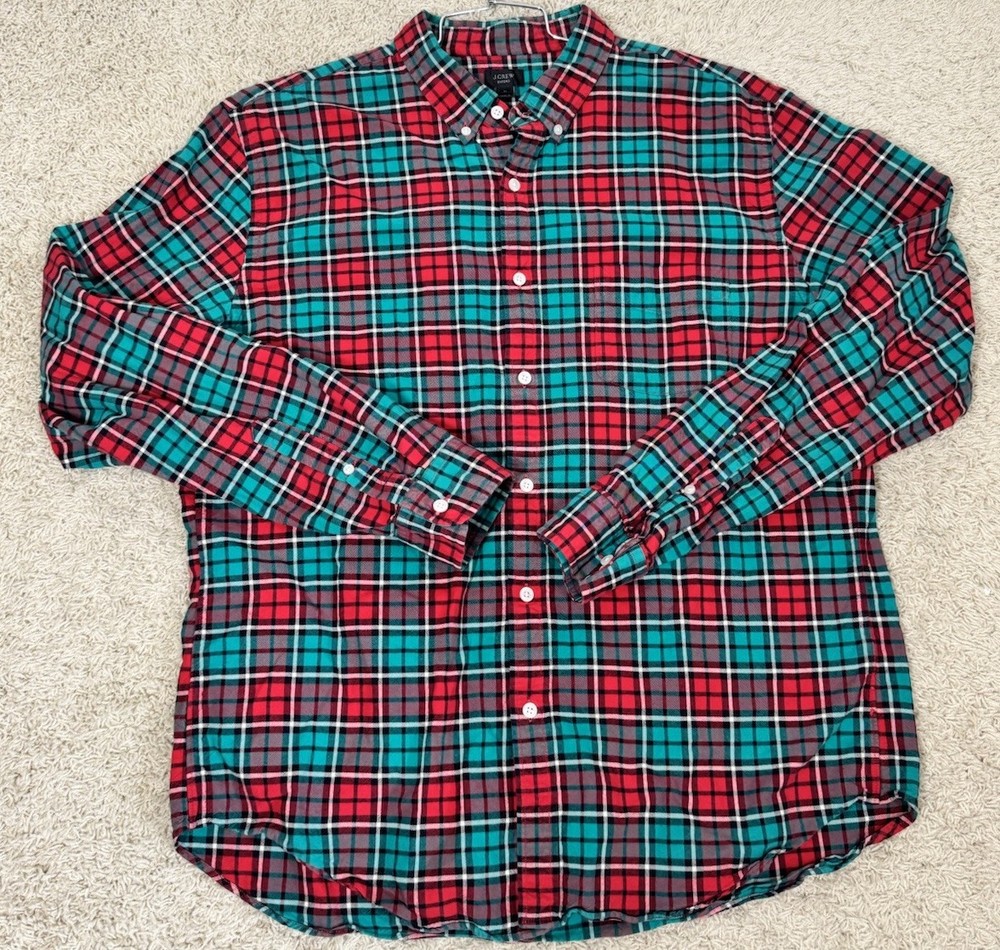 J. Crew Men's Oxford Red Green Plaid Button Down Long Sleeve Shirt XL Holiday