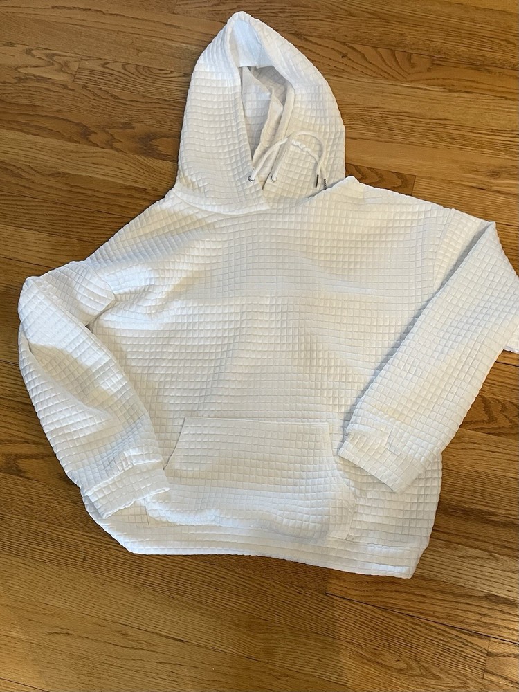 Waffle-Knit Women’s White Hoodie Kangaroo Pocket Size Large - Cozy Comfortable