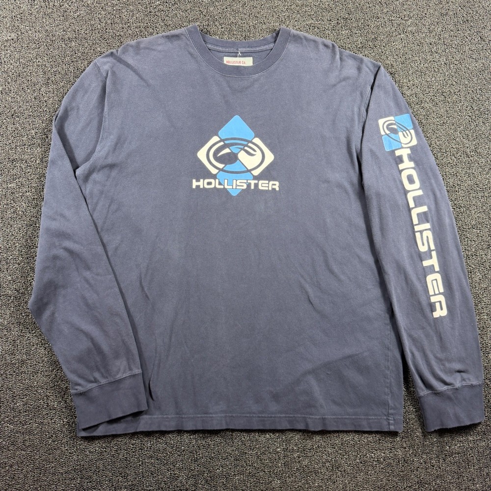 Vintage Hollister Men's M Blue Long Sleeve Tee Spellout Logo Y2K Surfer USA Made