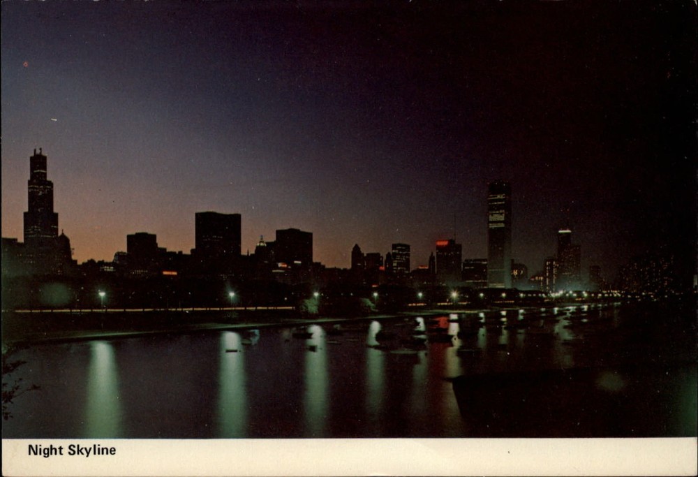 Chicago Illinois Night Skyline reflections ~ vintage postcard